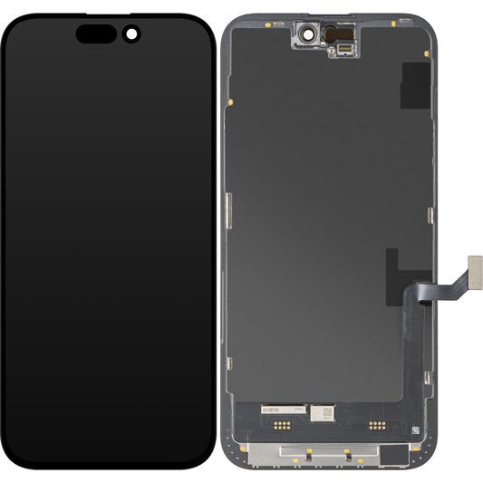 Wyświetlacz z ekranem dotykowym MP kompatybilny z Apple iPhone 15 Plus, z ramką, wersja Soft OLED FHD IC Movable, Czarny