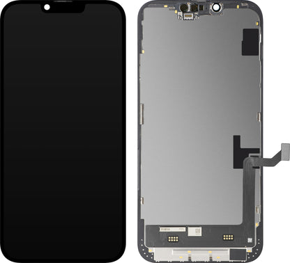 Wyświetlacz z ekranem dotykowym MP kompatybilny z Apple iPhone 14 Plus, z ramką, wersja Soft OLED FHD IC Movable, Czarny