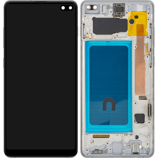 Wyświetlacz z ekranem dotykowym MP kompatybilny z Samsung Galaxy S10+ G975, z ramką, srebrny