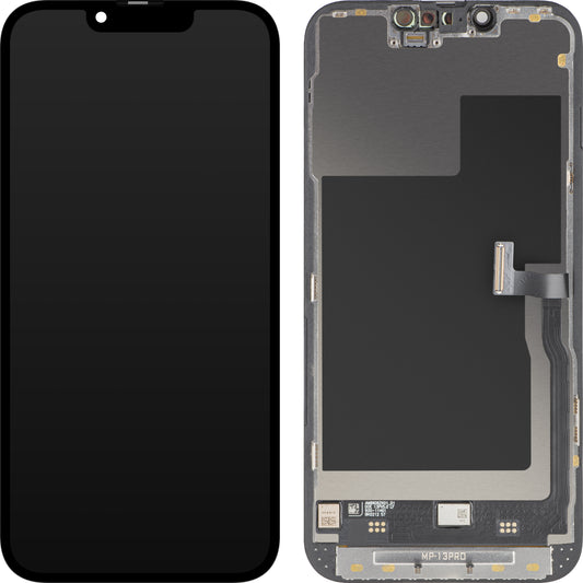 Wyświetlacz z ekranem dotykowym MP kompatybilny z Apple iPhone 13 Pro, z ramką, wersja Premium Soft OLED FHD 120Hz Diagnostic, czarny
