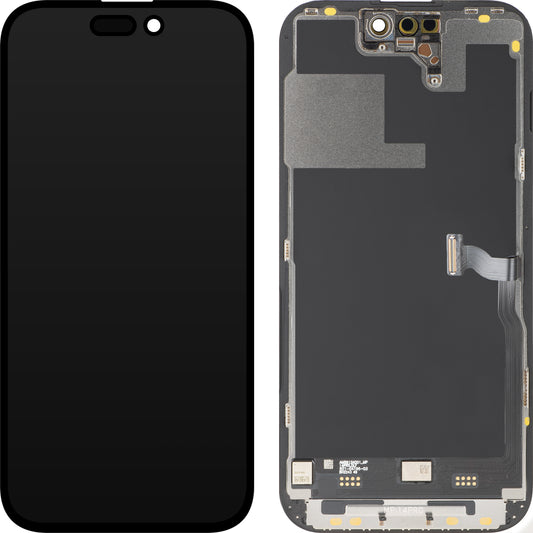 Wyświetlacz z ekranem dotykowym MP kompatybilny z Apple iPhone 14 Pro, z ramką, wersja Premium Soft OLED FHD 120Hz Diagnostic, czarny