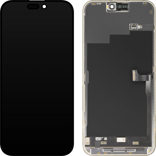 Wyświetlacz z ekranem dotykowym MP kompatybilny z Apple iPhone 15 Pro Max, z ramką, wersja Premium Soft OLED FHD 120Hz, czarny, ponownie zapakowany