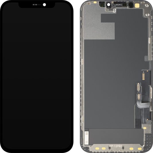 Wyświetlacz z ekranem dotykowym MP kompatybilny z Apple iPhone 12 / 12 Pro, z ramką, wersja OLED FHD IC Movable, czarny