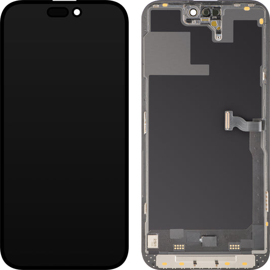 Wyświetlacz z ekranem dotykowym MP kompatybilny z Apple iPhone 14 Pro, z ramką, wersja Soft OLED 120Hz FHD Diagnostic, czarny, Swap