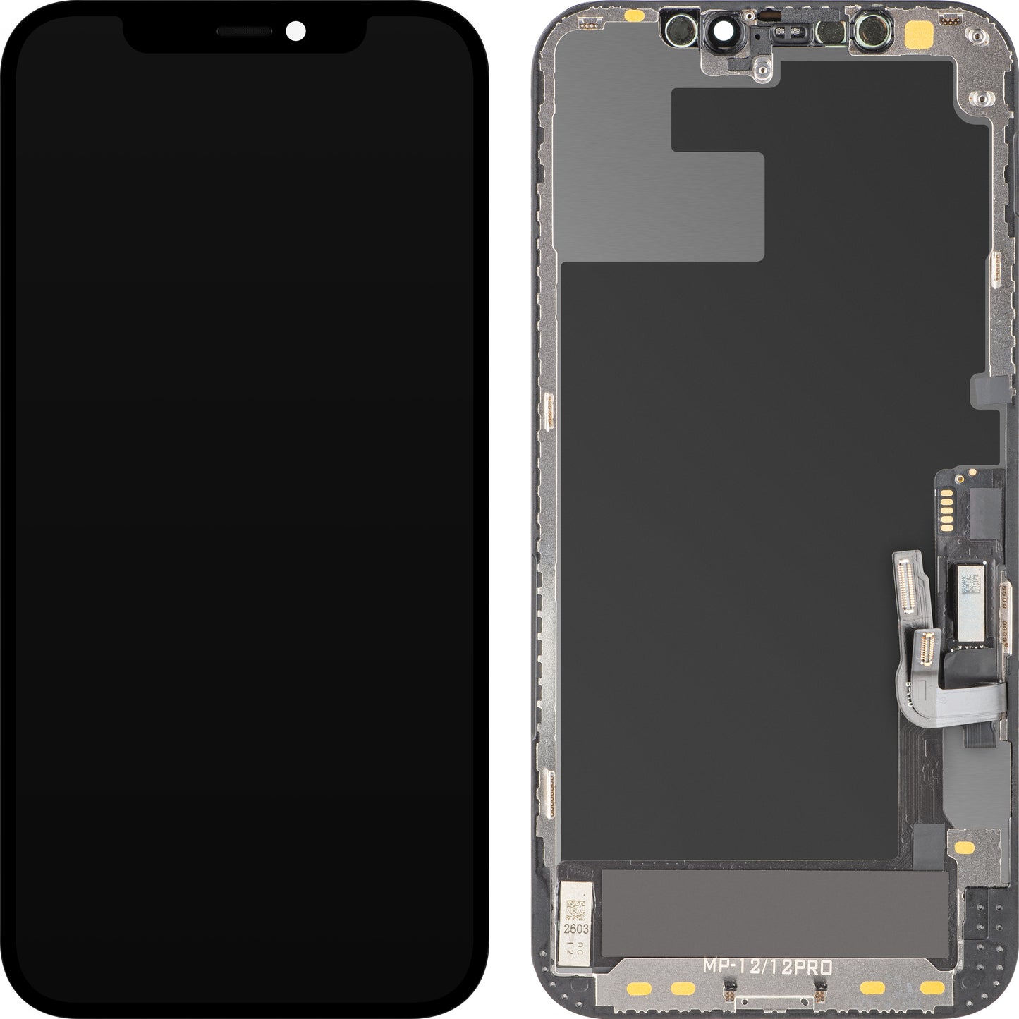 Wyświetlacz z ekranem dotykowym MP kompatybilny z Apple iPhone 12 / 12 Pro, z ramką, wersja oprogramowania OLED FHD Diagnostic, czarny