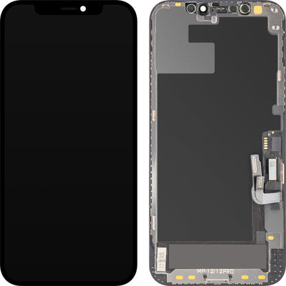 Wyświetlacz z ekranem dotykowym MP kompatybilny z Apple iPhone 12 / 12 Pro, z ramką, wersja oprogramowania OLED FHD Diagnostic, czarny