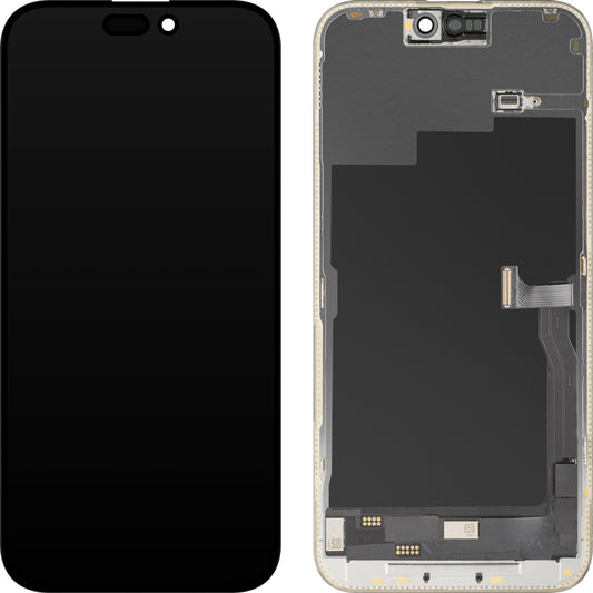 Wyświetlacz z ekranem dotykowym MP kompatybilny z Apple iPhone 15 Pro Max, z ramką, wersja OLED FHD Diagnostic, czarny, ponownie zapakowany