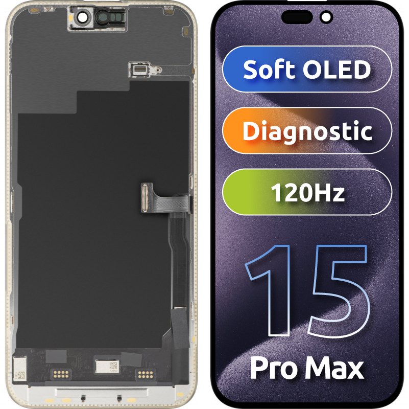 Wyświetlacz z ekranem dotykowym MP kompatybilny z Apple iPhone 15 Pro Max, z ramką, wersja Soft OLED FHD 120Hz Diagnostic, Czarny