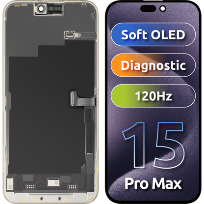 Wyświetlacz z ekranem dotykowym MP kompatybilny z Apple iPhone 15 Pro Max, z ramką, wersja Soft OLED FHD 120Hz Diagnostic, Czarny