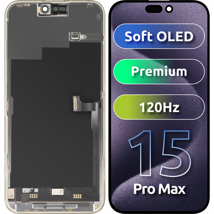 MP Touchscreen Display compatible with Apple iPhone 15 Pro Max, with Frame, Premium Soft OLED FHD 120Hz Version, Black