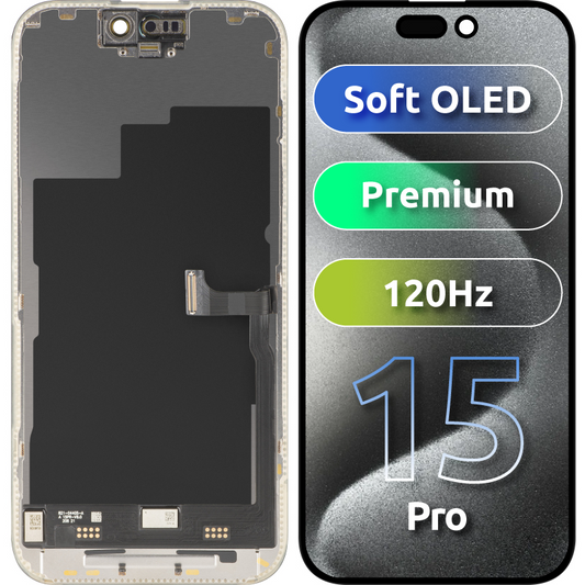 Wyświetlacz z ekranem dotykowym MP kompatybilny z Apple iPhone 15 Pro, z ramką, wersja Premium Soft OLED FHD 120Hz, czarny