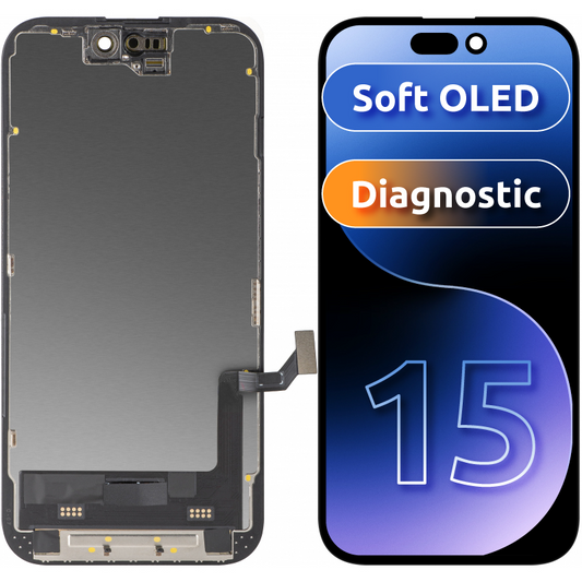 Wyświetlacz z ekranem dotykowym MP kompatybilny z Apple iPhone 15, z ramką, wersja Soft OLED FHD Diagnostic, czarny