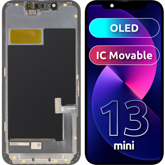 Wyświetlacz z ekranem dotykowym MP kompatybilny z Apple iPhone 13 mini, z ramką, wersja OLED FHD IC Movable, Czarny