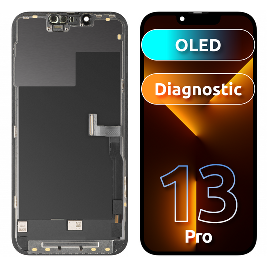 Wyświetlacz z ekranem dotykowym MP kompatybilny z Apple iPhone 13 Pro, z ramką, wersja OLED FHD Diagnostic, czarny