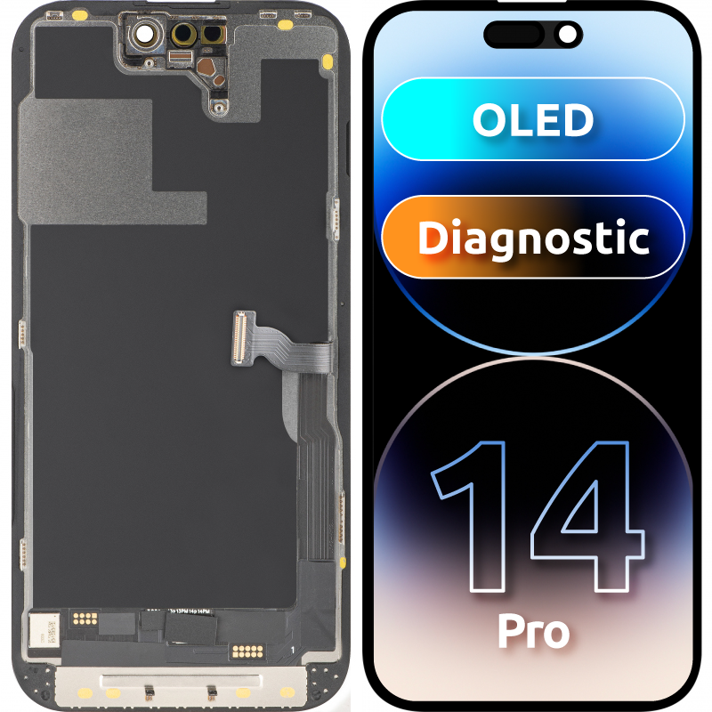 Wyświetlacz z ekranem dotykowym MP kompatybilny z Apple iPhone 14 Pro, z ramką, wersja OLED FHD Diagnostic, czarny