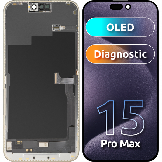 Wyświetlacz z ekranem dotykowym MP kompatybilny z Apple iPhone 15 Pro Max, z Ramką, Wersja OLED FHD Diagnostic, Czarny