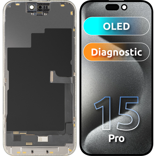 Wyświetlacz z ekranem dotykowym MP kompatybilny z Apple iPhone 15 Pro, z ramką, wersja OLED FHD Diagnostic, czarny