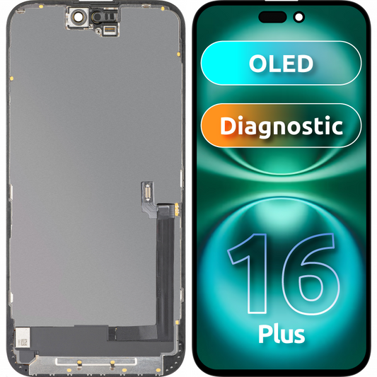 Wyświetlacz z ekranem dotykowym MP kompatybilny z Apple iPhone 16 Plus, z ramką, wersja OLED FHD Diagnostic, czarny