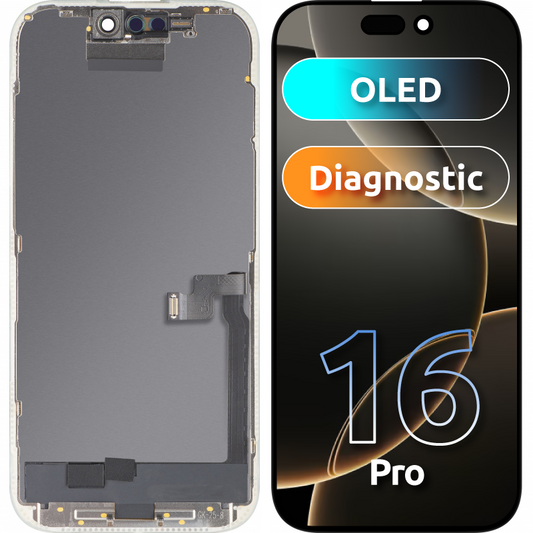 Wyświetlacz z ekranem dotykowym MP kompatybilny z Apple iPhone 16 Pro, z ramką, wersja OLED FHD Diagnostic, czarny