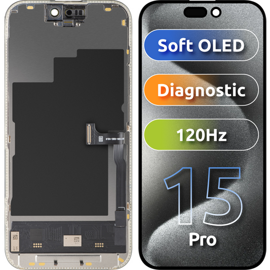 Wyświetlacz z ekranem dotykowym MP kompatybilny z Apple iPhone 15 Pro, z ramką, wersja Soft OLED FHD 120Hz Diagnostic, Czarny