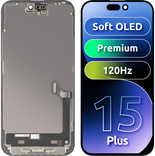 Wyświetlacz z ekranem dotykowym MP kompatybilny z Apple iPhone 15 Plus, z ramką, wersja Premium Soft OLED FHD 120Hz, czarny