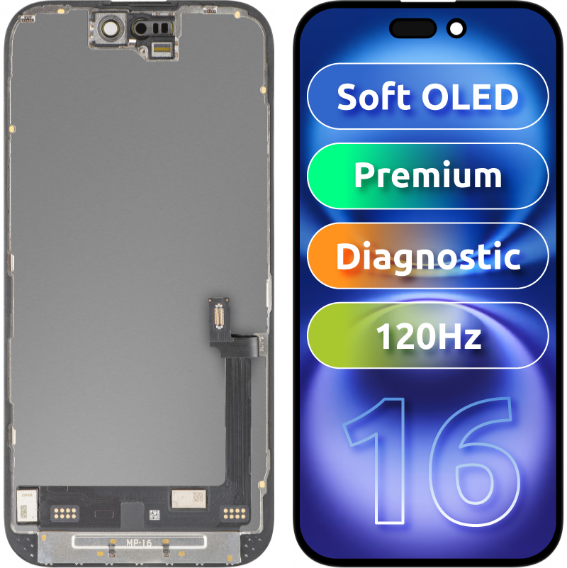 Wyświetlacz z ekranem dotykowym MP kompatybilny z Apple iPhone 16, z ramką, wersja Premium Soft OLED FHD 120Hz Diagnostic, czarny