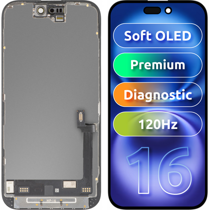 Wyświetlacz z ekranem dotykowym MP kompatybilny z Apple iPhone 16, z ramką, wersja Premium Soft OLED FHD 120Hz Diagnostic, czarny