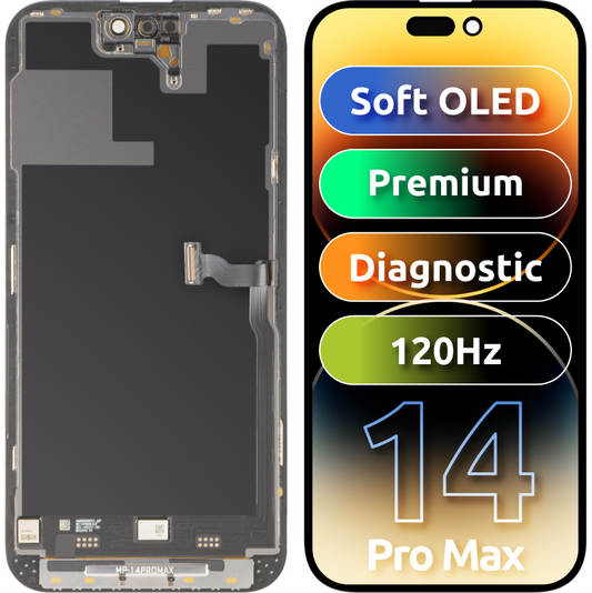 Wyświetlacz z ekranem dotykowym MP kompatybilny z Apple iPhone 14 Pro Max, z ramką, wersja Premium Soft OLED FHD 120Hz Diagnostic, czarny