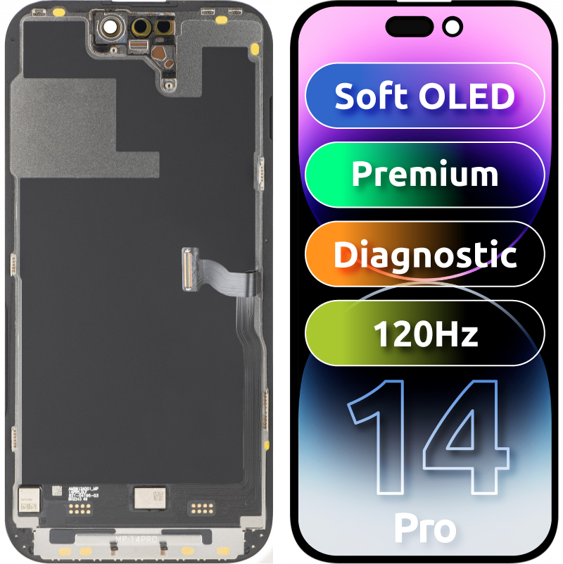 MP Touchscreen Display compatible with Apple iPhone 14 Pro, with Frame, Premium Soft OLED FHD 120Hz Diagnostic Version, Black