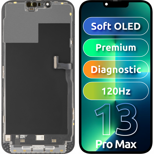 Wyświetlacz z ekranem dotykowym MP kompatybilny z Apple iPhone 13 Pro Max, z ramką, wersja Premium Soft OLED FHD 120Hz Diagnostic, czarny