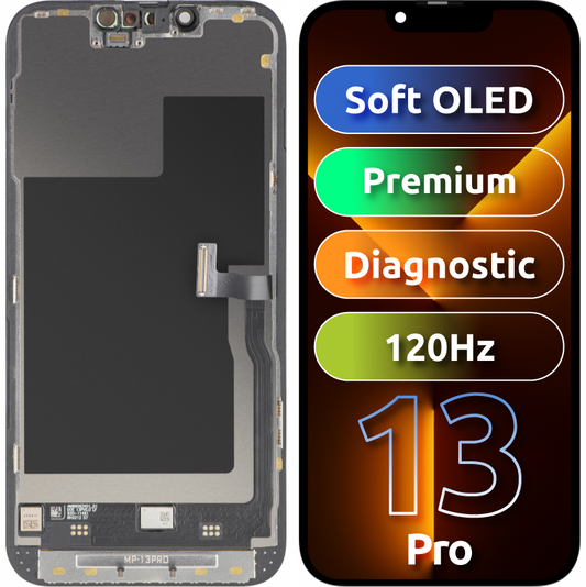Wyświetlacz z ekranem dotykowym MP kompatybilny z Apple iPhone 13 Pro, z ramką, wersja Premium Soft OLED FHD 120Hz Diagnostic, czarny