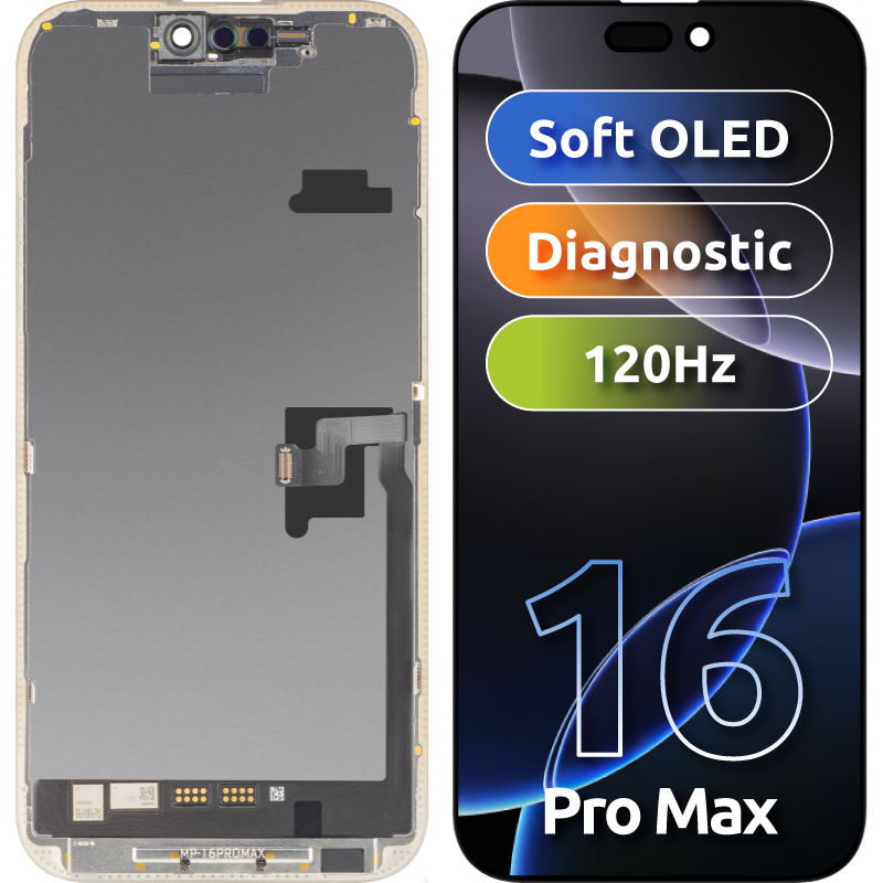 Wyświetlacz z ekranem dotykowym MP kompatybilny z Apple iPhone 16 Pro Max, z ramką, wersja oprogramowania OLED FHD Diagnostic, czarny