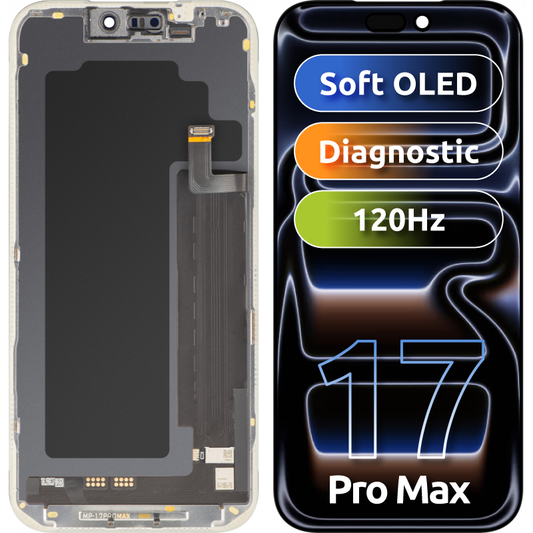 Wyświetlacz z ekranem dotykowym MP kompatybilny z Apple iPhone 17 Pro Max, z ramką, wersja oprogramowania OLED FHD Diagnostic, czarny