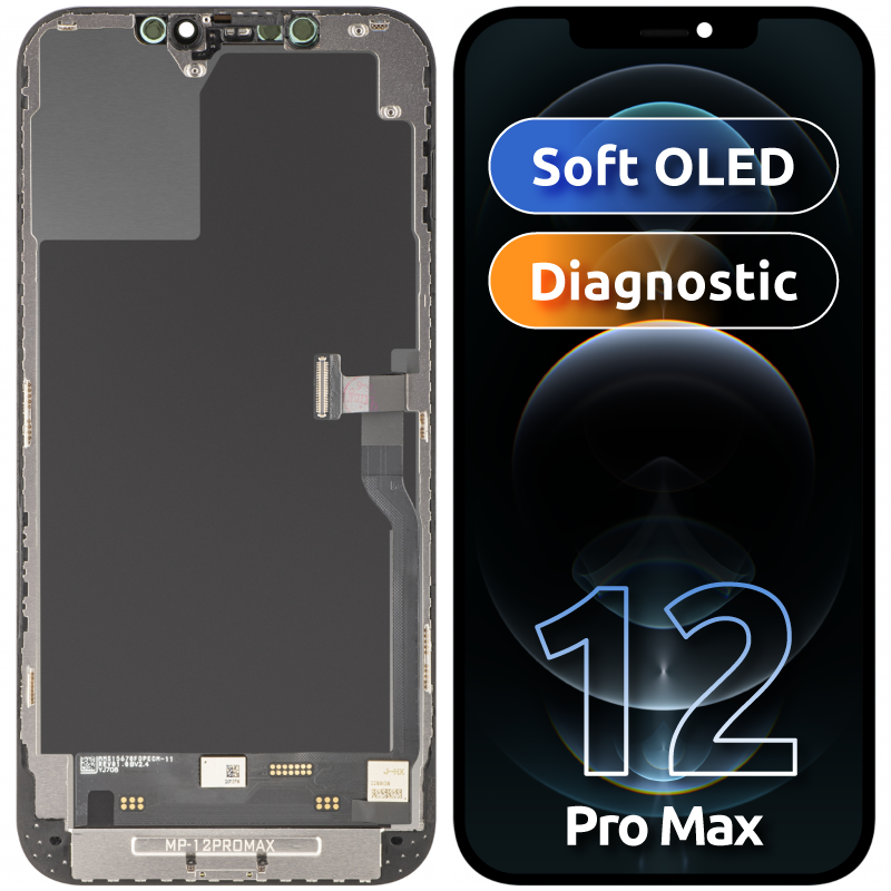 Wyświetlacz z ekranem dotykowym MP kompatybilny z Apple iPhone 12 Pro Max, z ramką, wersja oprogramowania OLED FHD Diagnostic, czarny
