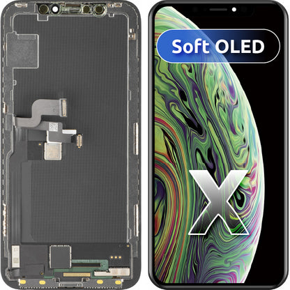 Wyświetlacz z ekranem dotykowym MP kompatybilny z Apple iPhone X, z ramką, wersja Soft OLED FHD, czarny