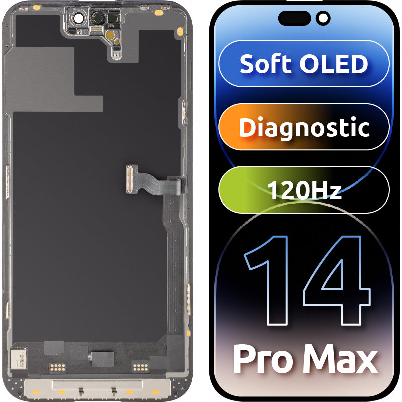 Wyświetlacz z ekranem dotykowym MP kompatybilny z Apple iPhone 14 Pro Max, z ramką, wersja Soft OLED 120Hz FHD Diagnostic, Czarny