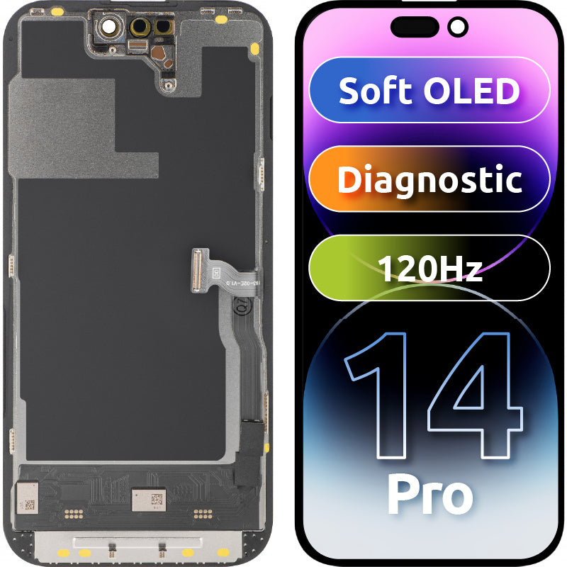 Wyświetlacz z ekranem dotykowym MP kompatybilny z Apple iPhone 14 Pro, z ramką, wersja Soft OLED 120Hz FHD Diagnostic, Czarny