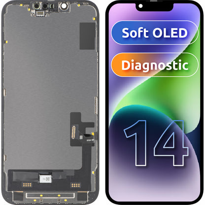 Wyświetlacz z ekranem dotykowym MP kompatybilny z Apple iPhone 14, z ramką, wersja Soft OLED FHD Diagnostic, Czarny