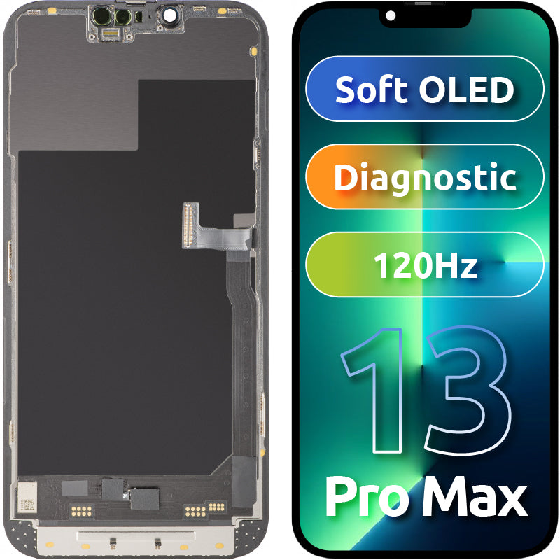 Wyświetlacz z ekranem dotykowym MP kompatybilny z Apple iPhone 13 Pro Max, z ramką, Wersja Soft OLED 120Hz FHD Diagnostic, Czarny