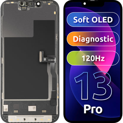 Wyświetlacz z ekranem dotykowym MP kompatybilny z Apple iPhone 13 Pro, z ramką, wersja Soft OLED 120Hz FHD Diagnostic, Czarny