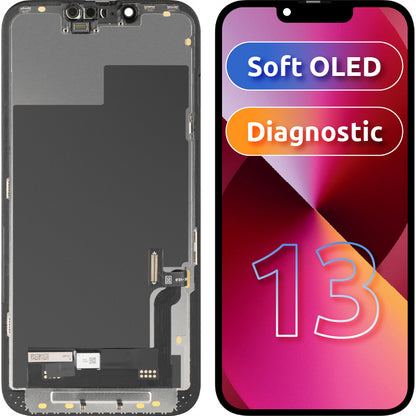 Wyświetlacz z ekranem dotykowym MP kompatybilny z Apple iPhone 13, z ramką, wersja Soft OLED FHD Diagnostic, czarny