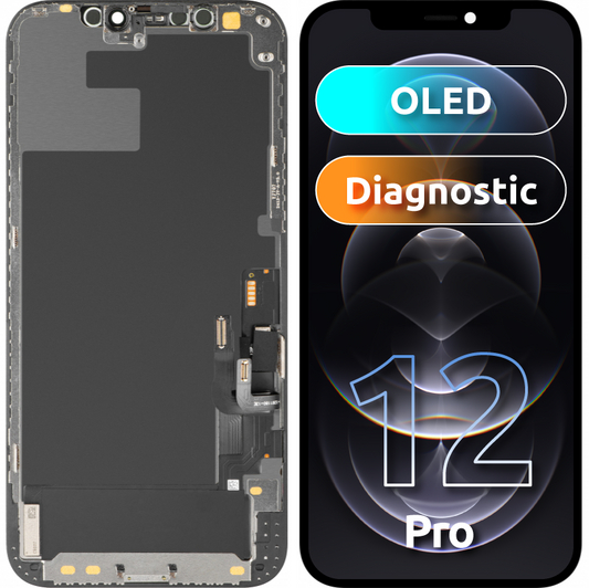 Wyświetlacz z ekranem dotykowym MP kompatybilny z Apple iPhone 12 / 12 Pro, z ramką, wersja OLED Diagnostic, czarny
