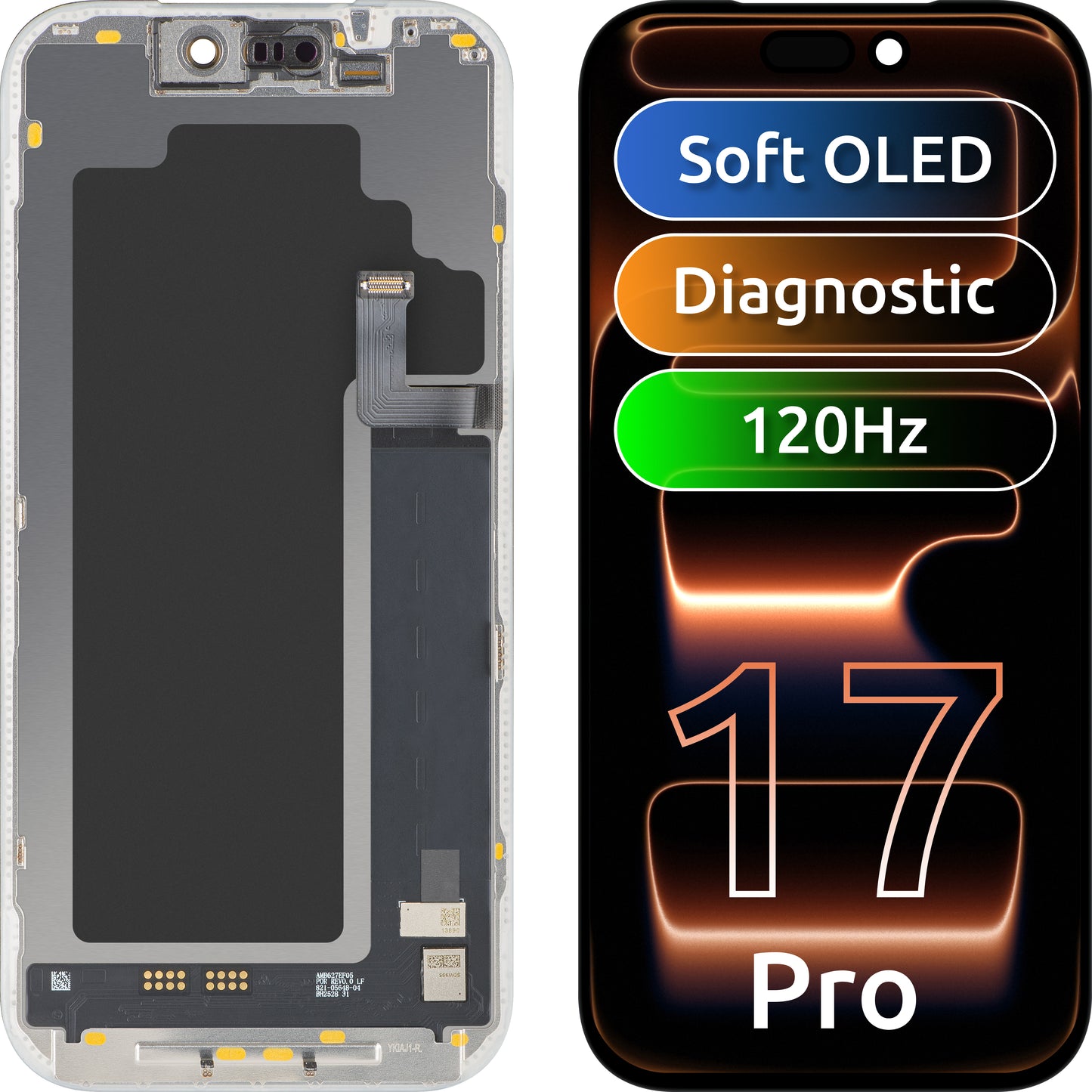 Wyświetlacz z ekranem dotykowym MP kompatybilny z Apple iPhone 17 Pro, z ramką, wersja oprogramowania OLED FHD 120Hz Diagnostic, czarny