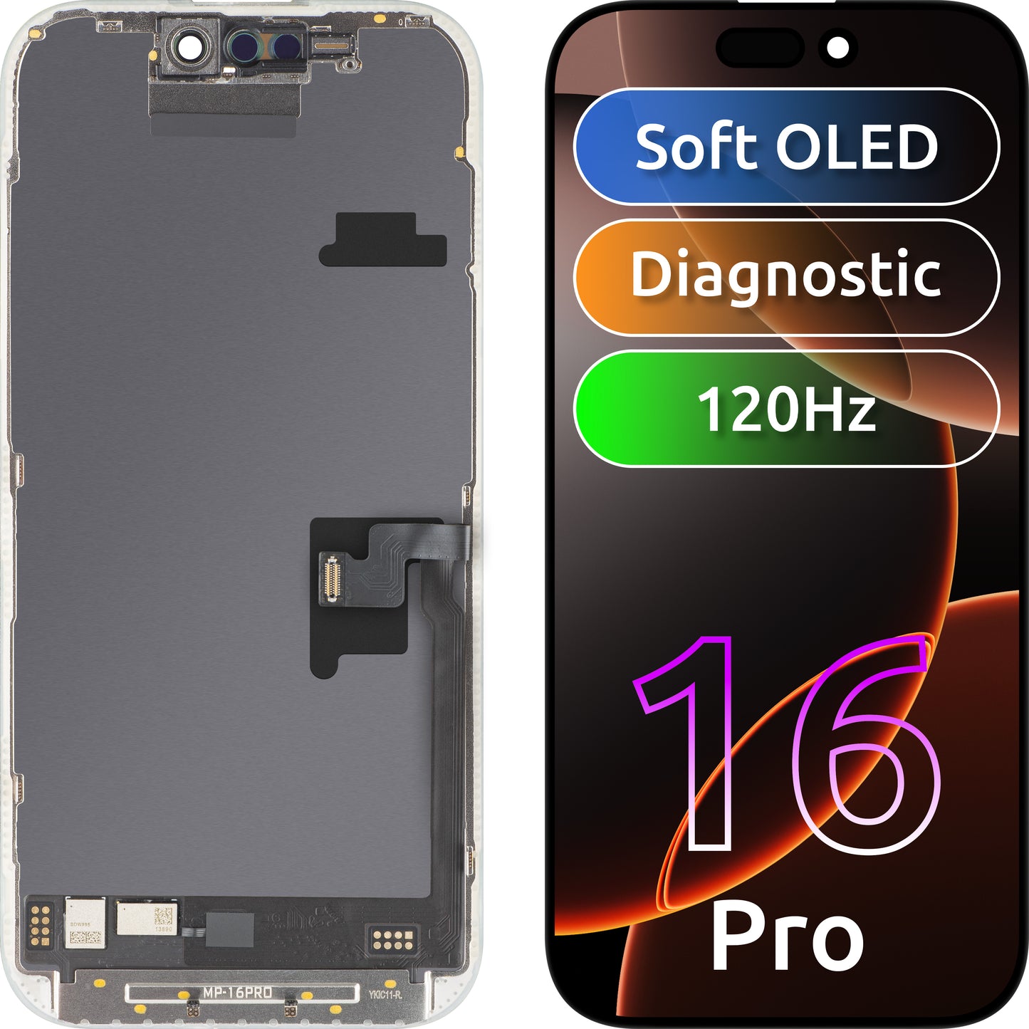 MP Touchscreen Display compatible with Apple iPhone 16 Pro, with Frame, OLED FHD 120Hz Diagnostic Soft Version, Black