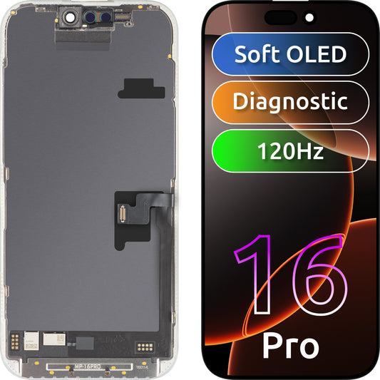 Wyświetlacz z ekranem dotykowym MP kompatybilny z Apple iPhone 16 Pro, z ramką, wersja oprogramowania OLED FHD 120Hz diagnostyczna, czarny