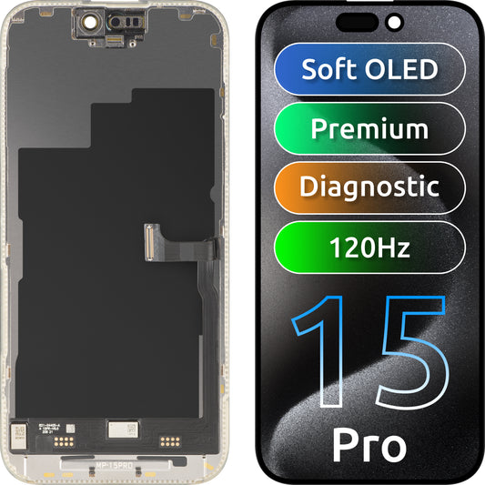 Wyświetlacz z ekranem dotykowym MP kompatybilny z Apple iPhone 15 Pro, z ramką, wersja Premium Soft OLED FHD 120Hz Diagnostic, czarny