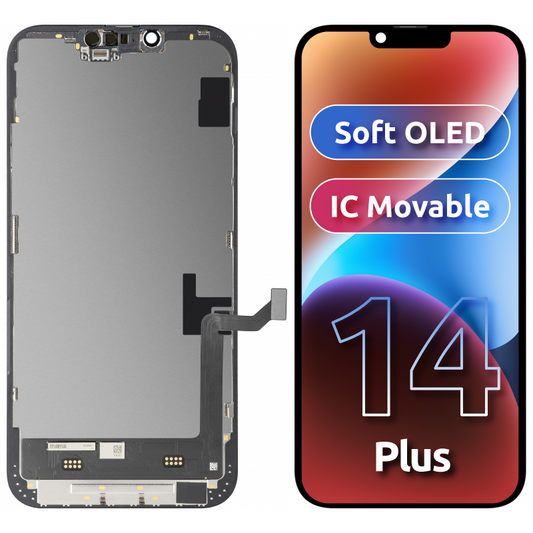Wyświetlacz z ekranem dotykowym MP kompatybilny z Apple iPhone 14 Plus, z ramką, wersja Soft OLED FHD IC Movable, Czarny