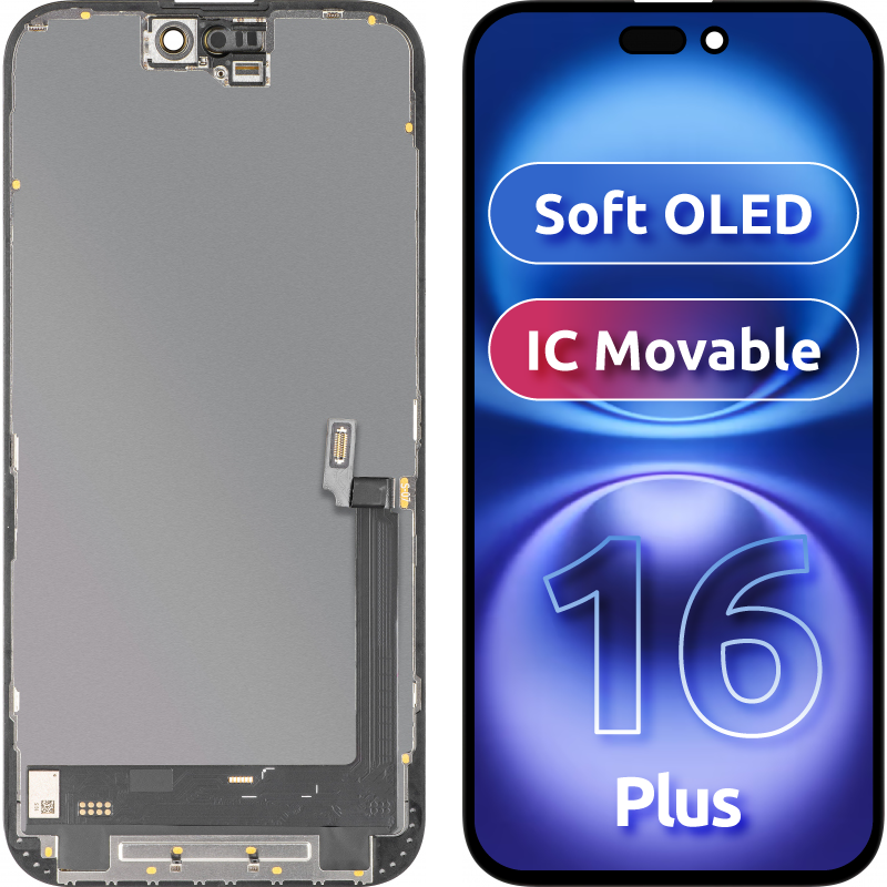 Wyświetlacz z ekranem dotykowym MP kompatybilny z Apple iPhone 16 Plus, z ramką, wersja Soft OLED IC Movable FHD, Czarny