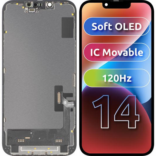 Wyświetlacz z ekranem dotykowym MP kompatybilny z Apple iPhone 14, z ramką, wersja Soft OLED FHD 120Hz IC Movable, Czarny