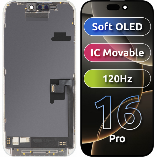 Wyświetlacz z ekranem dotykowym MP kompatybilny z Apple iPhone 16 Pro, z ramką, wersja Soft OLED FHD 120Hz IC Movable, Czarny